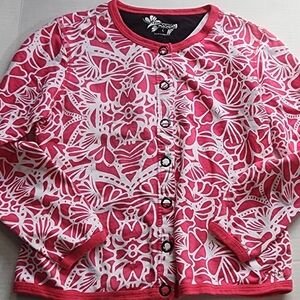 Three Hearts Cardigan  L Pink/wht floral Artsy snap up Cottage Romantic Love